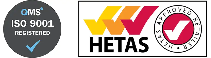 QMS ISO 9001 Registered and HETAS Approved Retailer logos